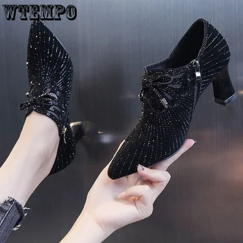WTEMPO темперамент заострени пръсти високи токчета обувки жените дебели токчета дълбока уста заострени пръсти кожени обувки единични обувки Изображение