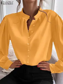 ZANZEA Реколта плътен цвят върховете Дамска мода ризи с дълъг ръкав Ежедневни стойка яка бутони Chemise 2023 Есенна плисирана блуза Изображение