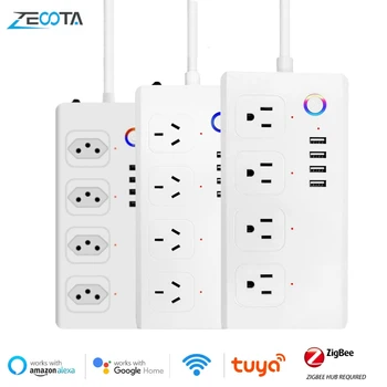 Zigbee WIFI Smart US / AU / UK / Бразилия Plug с 4 USB захранваща лента разширение кабел Multi таймер гнездо работа с Alexa Google Assistant Изображение