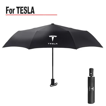 Автоматично лого на автомобил чадър за емблема на TESLA Луксозен автомобилен бизнес 3 Сгъваем дъждоустойчив чадър Преносим компактен пътуване Изображение