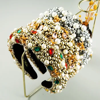 Бароков ръчно изработен перлен мъниста скъпоценен камък ретро луксозни аксесоари за коса лъкове цвете корона ленти за глава за жени Изображение