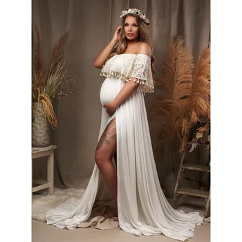 Бохемска дантела майчинство Макси рокля за красива бременност фотосесии зашеметяващ етаж дължина рокля за фотография рокля Изображение
