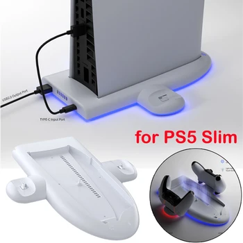 Вертикална стойка за охлаждане 2 Зарядна станция на контролера с RGB Лека зарядна база 3-степенен охлаждащ вентилатор за PS5 Slim Изображение