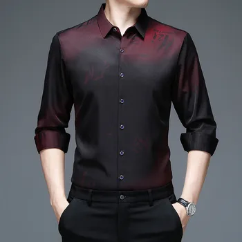 Вино червено черно мъжки рокля ризи нова мода дълъг ръкав риза мъже тънък годни бръчки устойчиви меки не-желязо качество риза мъжки Изображение
