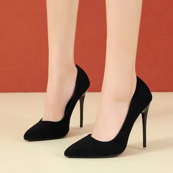 голям размер 35-45 дамски обувки 2022 кратко стадо високи токчета жени помпи заострени пръсти класически червен сив дамски сватбени обувки офис Изображение