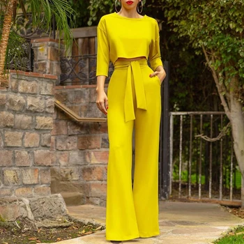 Дамски блузи с дълъг ръкав Tops& колан дълги панталони комплект жени мода висока талия твърди джобове костюм елегантен пролет 2024 офис облекло Изображение