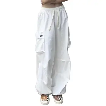 Дамски ежедневни карго панталони ластик висока талия шнур широк крак големи джобове спортни панталони свиваеми маншети джогър панталони Изображение