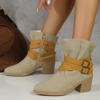 Дамски зимни модни ботуши на квадрат петата реколта кръг Toe цип нагоре бойни ботуши обувки високо качество ежедневни обувки Изображение