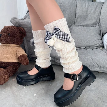Дамски кабелни плетени подгряващи крака с лък зимни топли коляното високи чорапи ботуши маншети японски стил мърляч чорапи Изображение