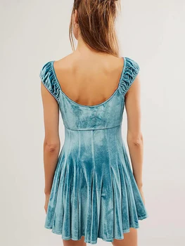 Дамски летни кадифе без ръкави рокля плътен цвят сладък врата мини плисирана A-линия рокля Изображение
