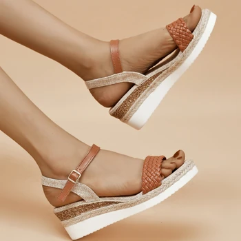 Дамски сандали с клин на платформа 2023 Летни отворени пръсти глезена каишка сандали за жени на открито женски ежедневни обувки на ток Sandalias Изображение