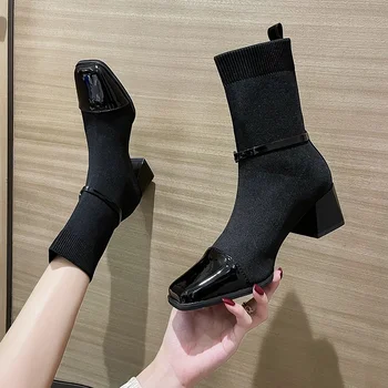Дамски чорапи ботуши 2023 Есен Зима Нов черен стил на единична обувка Квадратна глава Мода на средния ток Еластични ботуши Жени Изображение