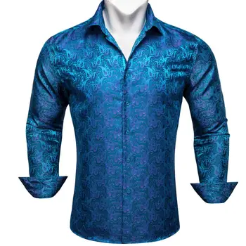 Дизайнерски ризи за мъже коприна дълъг ръкав небесно синьо розово черно Paisley тънък годни мъжки блузи случайни дишащи върхове Бари Уанг Изображение