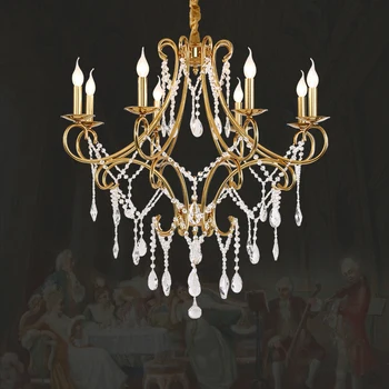 Европейски прост светлина луксозен месинг кристал висулка лампа трапезария спалня френски Led медна свещ полилей Изображение