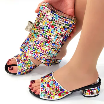 Елегантен стил африкански дамски обувки съвпадение ръка чанта комплект в сив сребърен цвят Slingbacks сандали с платформа за парти лято Изображение