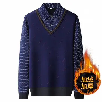Есен Зима Loose случайни фалшиви две парчета пачуърк пуловер мъжки Polo-врата топло добави кадифе дъно джъмпер мъже плетене отгоре Изображение