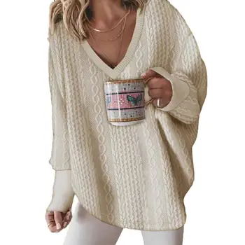 Есен Зима Дамски пуловер Случайни V-образно деколте дълъг ръкав обрат модел плътен цвят хлабав годни плетене пуловер пуловер 한국 가을옷 2023 Изображение