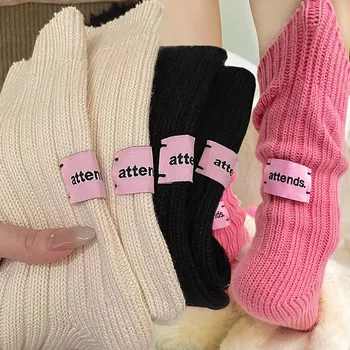 Есен Зима Японски Harajuku стил реколта розов етикет памучни чорапи дебели трикотажни сладък хладно Kawaii средна тръба купчина нагоре чорапи Изображение