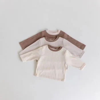 Есен Корейски бебе момчета момичета тениски малко дете пуловер дълъг ръкав оребрени върхове твърди всички мач бебе памук случайни тениски Изображение