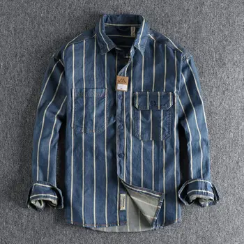 Есен нов обичай тъкани раирани измити използва дънкова риза мъжки стил на работа американски ретро тенденция младежка риза Изображение