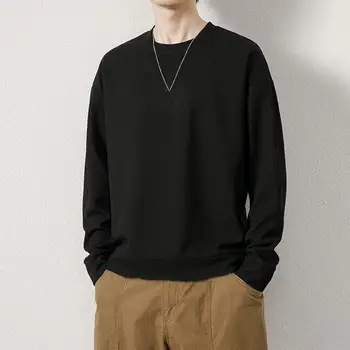 Есен пролет мъже тениска кръг врата плътен цвят дълъг ръкав хлабав пуловер мека дишаща средата дължина прост стил мъже Daily Casu Изображение