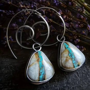 Етнически триъгълник тюркоаз кука обеци за жени бохемски бижута сребърен цвят метална спирала виси обеци подаръци Изображение