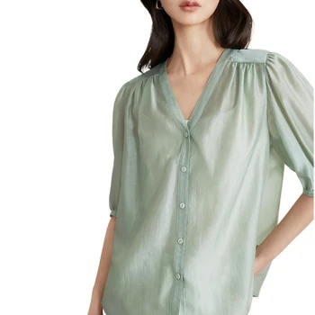 Жени Блузи с голям размер Ежедневни ризи с половин ръкав V-образно деколте Летни твърди тънки топ женски леки All-match Office Chic блуза Изображение