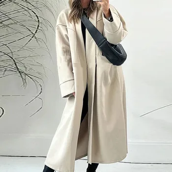 Зимни ежедневни якета с дебелина на дългия ръкав Мода Прост плътен цвят вълнени палта Връхни дрехи Дамски джоб хлабав топли дълги палта Изображение