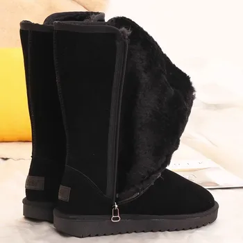 Зимни нови обувки за жени поддържат топло кратко плюшена плоска платформа жените сняг ботуши плюс размер страничен цип дами средата теле ботуши Изображение