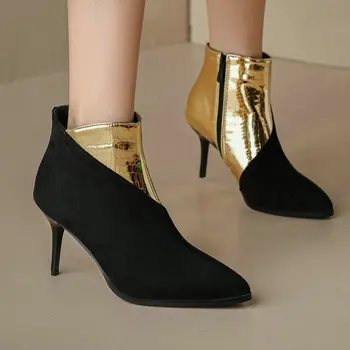 Златен черен пачуърк кръг пръсти нови дами обувки на стилет малък размер 33 тънки високи токчета жени глезена модерна мода зимни ботуши Изображение