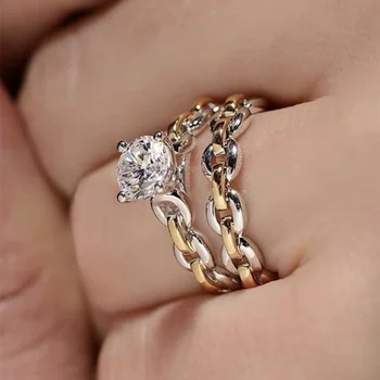Изящна кубинска верига сватбен пръстен двойка бижута сребърно покритие пълни бял циркон CZ булчински годежен пръстен парти бижута Изображение
