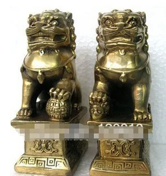 китайски Foo куче лъв фу бронзова статуя двойка фигурки Фън Шуй елементи ориенталски sz: 11x6x8.3cm Изображение
