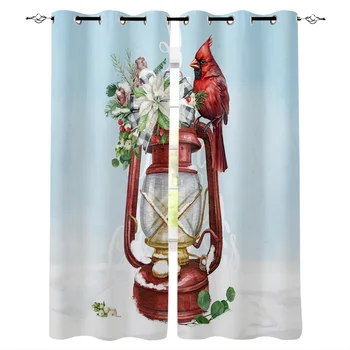 Коледа Червен фенер Снежанка Червено Кардинал Птица Завеси Голям прозорец Прозоречни завеси Завеси Баня Спалня Кухня Декор Изображение