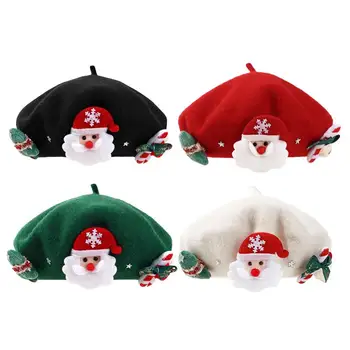 Коледна червена барета шапка за жени момичета Новогодишен подарък за приятелки Мека топла вълнена барета шапка есен зима художник шапки Изображение