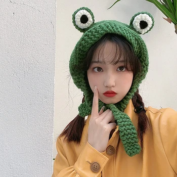 Корейски Ins Сладка сладка плетена вълнена шапка Есен и зима Големи очи жаба шапка Beanie плетена глава капак топла капачка за защита на ушите Изображение