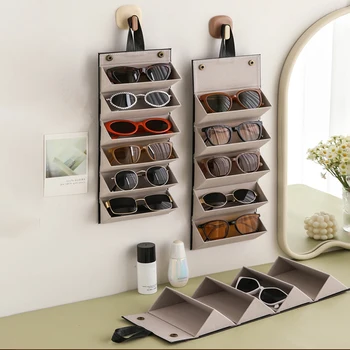 Кутия за съхранение на очила Кожена сгъваема и висяща преносима прахоустойчива мултирешетка дисплей и защитни очила за съхранение Изображение