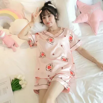 Ледена копринена пижама Дамски летни тънки раздел сладък корейски стил имитация коприна дома услуга къси ръкави шорти две части костюм Изображение
