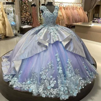 Лоренсия Мексикански синьо Quinceanera рокля топка рокля 3D цветя апликации формован корсет без гръб сладък 16 Вестидос XV Años YQD439 Изображение