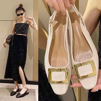 Лято Нов класически квадратен бутон сандали Дамски гръб празен мода единични обувки случайни и удобни дамски обувки Изображение
