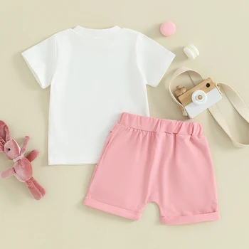 Малко дете бебе момиче момче дрехи Великден къс ръкав тениска Топ шорти с джоб сладък лятото облекло 2бр комплект Изображение