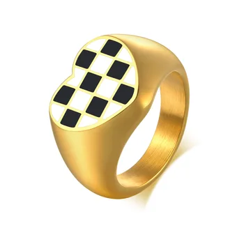 Мода малък двоен кръст пръстен злато дамски аксесоари неръждаема стомана лепило отпадане шахматна дъска сърце бижута за жени Изображение