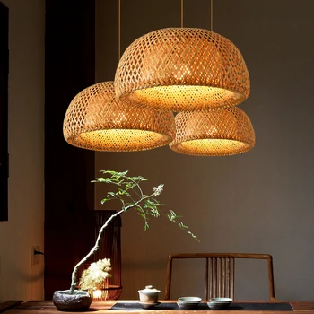 Модерна LED висулка светлина бамбук тъкане висящи лампи градина ресторант светлини декорация дома осветителни тела вътрешно осветление Изображение