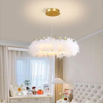 Модерни полилеи с корона от пера K9 Crystal Nordic Warm Romantic Princess Room Little Girl Bedroom Всекидневна Декор Полилей Изображение