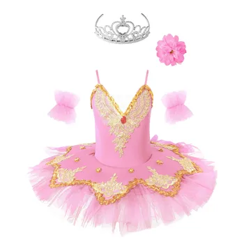 Момичета балет трико рокля бродирани Rhinestone пайети Mesh Tutu лебед танц изпълнение костюм принцеса косплей облекло Изображение
