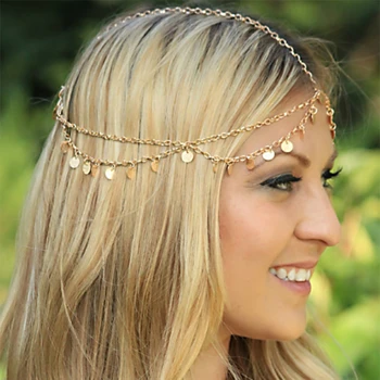 Момичешка лента за коса пискюл галванично сплав вълна пайети кръгъл лист многослойни сватбени консумативи Аксесоари за коса на жените Изображение