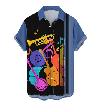 Музикална китара графични ризи за мъжко облекло 3D отпечатани хавайски плажни ризи къс ръкав y2k върхове реколта дрехи ревера блуза Изображение