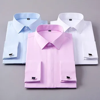 Мъже Френска риза за ръкавели Плътен обикновен цвят Социална риза от смокинг Работа Бизнес Не-желязо Официални бутони върховете Розов Джентълмен Парти Изображение