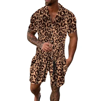 Мъжка лятна мода случайни хавайци леопард печат плаж морски ваканция къс ръкав шорти костюм две Мъжът в костюма Изображение