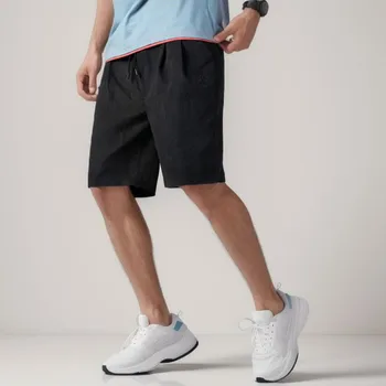 Мъжки летни найлонови шорти стилен шнур двойно джобно сгъване дизайн куфари случайни плътен цвят бричове коляното спортни куфари Изображение