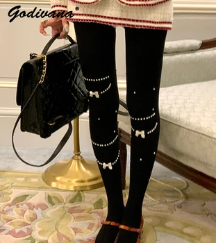 нов дизайн перлена огърлица мъниста японски jk черен чорапогащник Дамски млечно бял клин тънък годни есен зима дамски чорапогащи Изображение